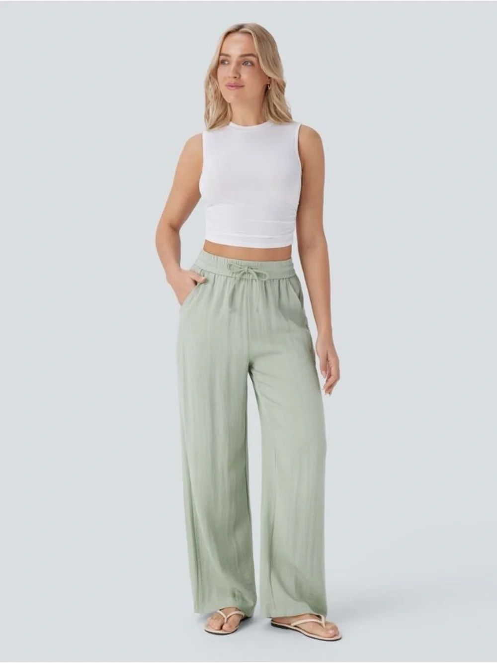 HALARA NWT M High Waist Drawstring Pocket Wide Leg Baggy Casual Linen-Feel Pants